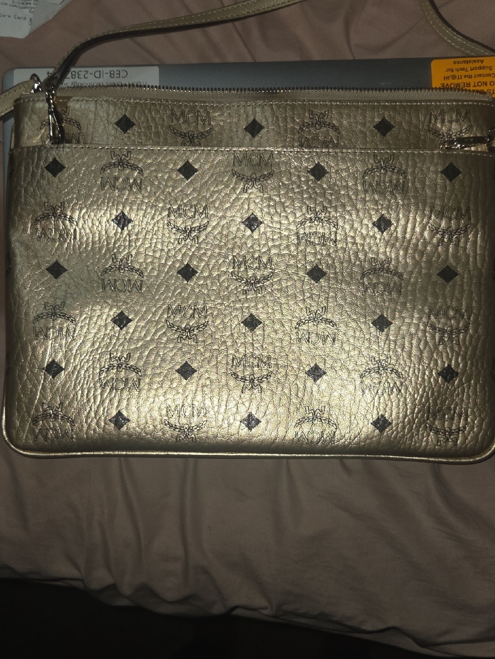 MCM Visetos Gold Logo-Print Leather Crossbody